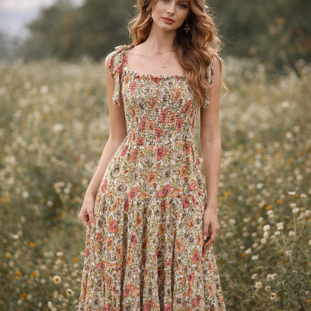 Abel the Label Floral Print Smocked Shoulder‎ Tie Tiered Maxi Dress - Size M